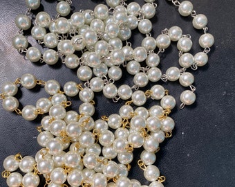 1 Meter of Cream Off White Glass Pearl Rosary Chain in Silver or Gold finish brass links, 8mm round glass bead garlands 39" pearl chain