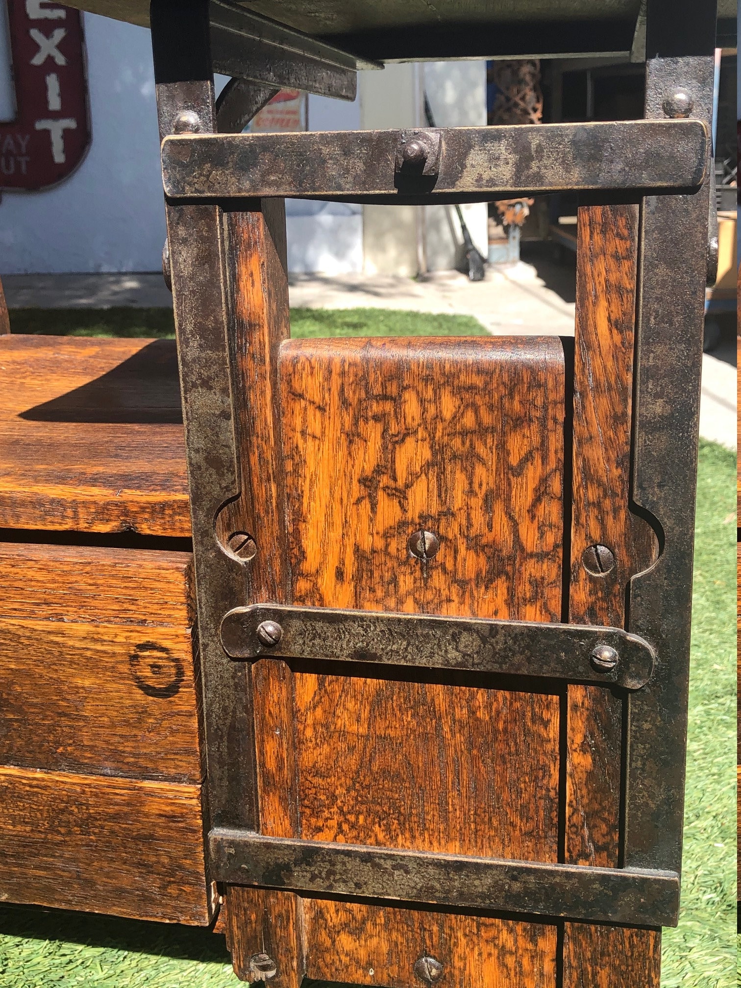 Antique Oak & Wrought Iron Childs School Desk, Chair and