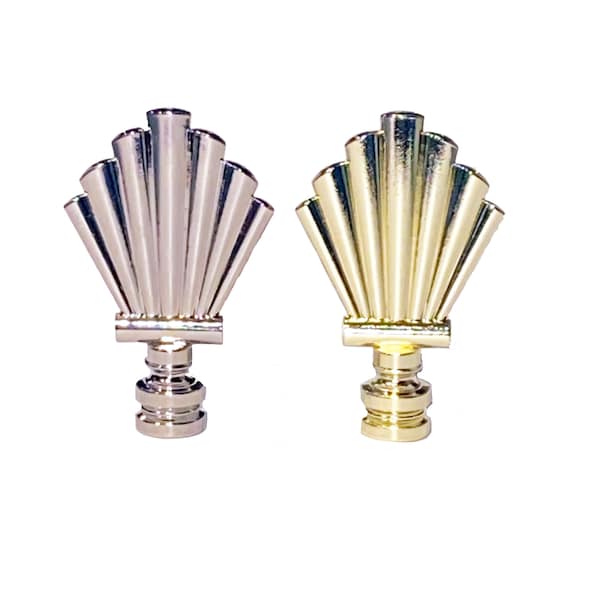 Fan style Art Deco tall Finials, Toppers, Nickel Plate or Brass Plate Finish 3-3/4" Tall, threaded 1/4"-27 fits standard harps