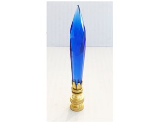 New: Handmade 3-7/8" tall Icicle U-Drop Sapphire Blue Crystal Lamp Finial with Brass, Chrome, Antique Brass finish base tap 1/4-27