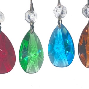 3&quot; PRISM: Diamond cut 50mm Crystal Glass Almond TearDrops Choose Amber, Red, Blue or Green, w/clear Octagon & silver connectors, sun catcher