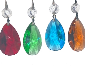3" PRISM: Diamond cut 50mm Crystal Glass Almond TearDrops Choose Amber, Red, Blue or Green, w/clear Octagon & silver connectors, sun catcher