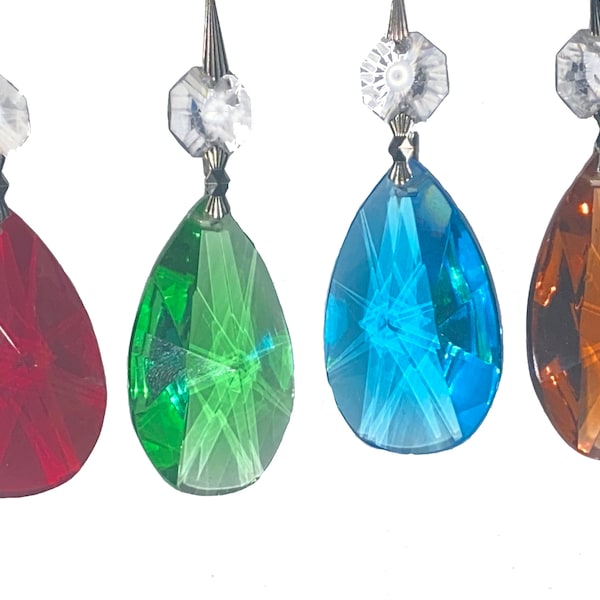 3" PRISM: Diamond cut 50mm Crystal Glass Almond TearDrops Choose Amber, Red, Blue or Green, w/clear Octagon & silver connectors, sun catcher