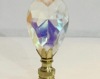 OOAK Handmade 2-3/4" Iridescent Clear Almond Cut Crystal Pendalogue Lamp Finial with Brass base in 3 finishes, tapped 1/4"-27 Made to order