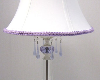 Shabby White Vintage Style Table Lamp with Clear and Lavender Crystals, Lavender Murano Teardrops and White Silk Shade with Lavender Trim
