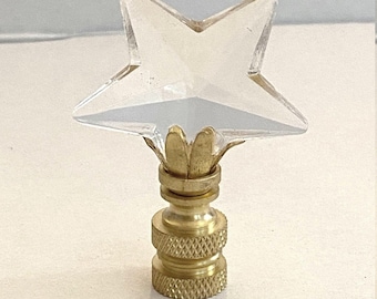 Handmade 2-1/2" Clear Crystal Star  Lamp Finial with Brass, Antique Brass or Chrome finished base tap 1/4-27 Made to Order