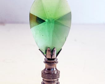 New: Handmade 2-3/4" Light Green Almond Teardrop Teal Crystal Lamp Finial with Brass, Antique Brass or Chrome base tap 1/4-27 Made to order