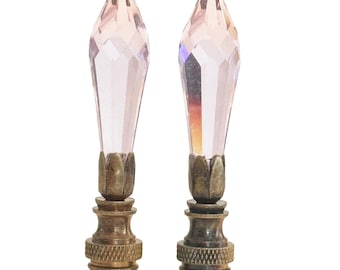 New: Pair of Handmade 2-3/4" Swarovski PINK Crystal Icicle Lamp Finial Brass base tap 1/4-27 in 3 finishes, Brass, Nickel or Antique Brass