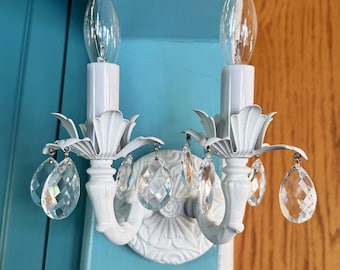 Mini Double Light Wall SCONCE, Shabby Chic, custom made to order, any color, with crystal drops