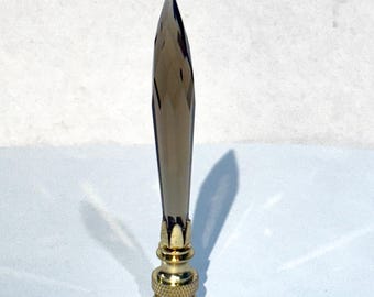 New: Handmade 3-3/4" tall Icicle U-Drop SMOKE Crystal Lamp Finial with Brass base in Brass, Chrome or Antique Brass finish- tap 1/4-27