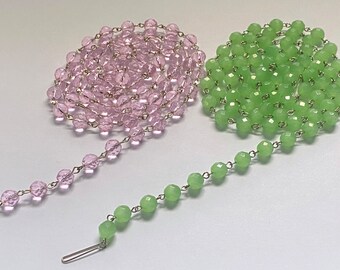 1 Meter Pink or Mint Green Faceted Glass Rosary Chain with Silver links, 8mm faceted glass bead garland 39" chain for decorations or crafts