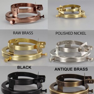 Puede incluir: Seis acabados diferentes de un anillo de pantalla de l&aacute;mpara de metal. Los acabados son cobre pulido, lat&oacute;n pulido, lat&oacute;n en bruto, n&iacute;quel pulido, negro y lat&oacute;n antiguo.