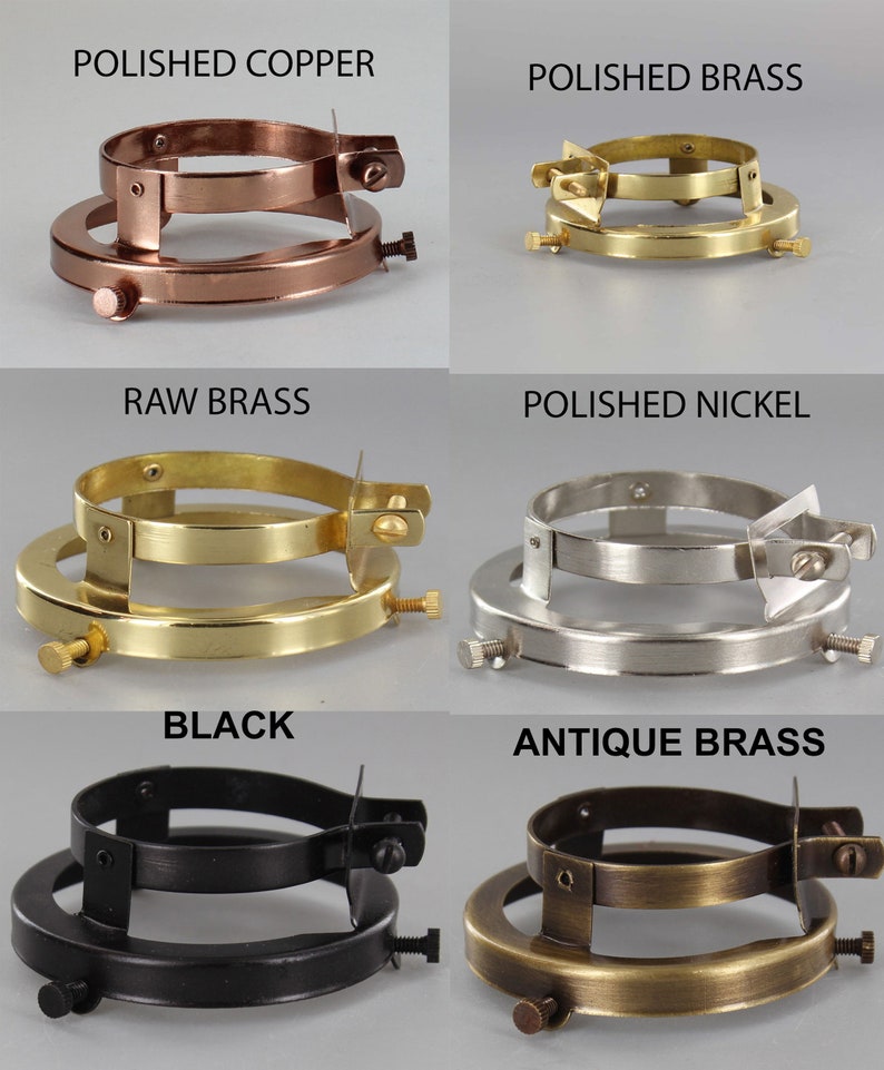 Puede incluir: Seis acabados diferentes de un anillo de pantalla de l&aacute;mpara de metal. Los acabados son cobre pulido, lat&oacute;n pulido, lat&oacute;n en bruto, n&iacute;quel pulido, negro y lat&oacute;n antiguo.