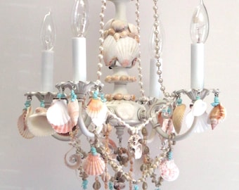 4 , 5 or 6 arm Light Sea Shell Chandelier Custom  Hand made to order, available in many finishes.