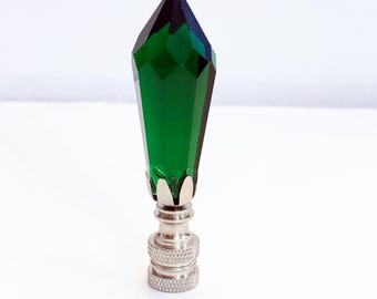Handmade 3" tall Emerald Green Icicle Plug Crystal Lamp Finial, Brass base in 3 finishes, tap 1/4-27