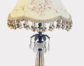 Crystal and Brass Vintage Table Lamp and Custom hand-painted Shade