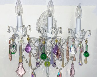 Victorian Style Solid Brass 3 light wall sconce Custom Made to Order any color finish Dripping with Murano, Crystal prisms & chains