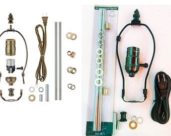 New DIY Black or Antique Brass Make-A-Lamp Kit All Parts & Instructions for DIY Lamp Repair kit with 8" harp, finial, cord, pipe, hardware