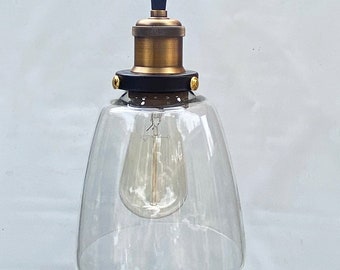 Mid Century  Clear Glass shade Light Pendant Industrial Style Hanging Light Fixture, Canopy, Hardware & Edison Style Bulb included