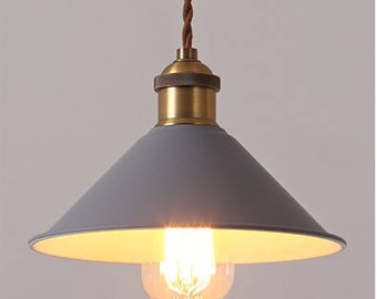 Mid Century GRAY Enamel Metal Industrial Style Hanging Light Fixture with Canopy, Hardware & Edison Style Bulb included