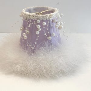 SILK LAVENDER Princess style mini Chandelier Shades Sconce Shade, 3&quot;x 5&quot;x 4.5&quot; Clip-on Full Frame lined Shade, Faux Pearls & Boa feathers