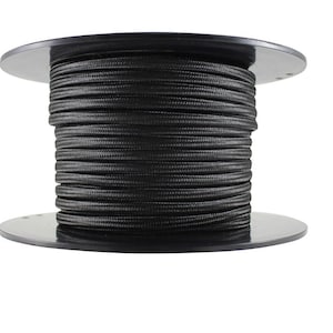 Op de afbeelding: Een spoel zwart elektrisch draad. De draad is strak gewikkeld rond een zwarte plastic spoel. De draad heeft een getextureerd, geweven uiterlijk. De spoel staat tegen een witte achtergrond.