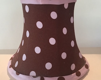 Set of 6 Hand Made Mini Shades, Brown Fabric w/ Pink Polka Dots Clip-on Chandelier or Sconce Shades trimmed in pink fabric w/ brown dots