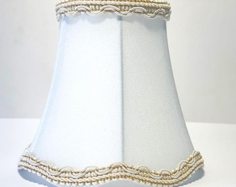 Full Frame Soft Back White Shantung Silk Scalloped Chandelier or Sconce Shade. Scalloped Bell shape clip on shade with white Torpedo clip