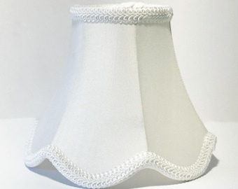 Full Frame Soft Back White Shantung Silk Scalloped Chandelier or Sconce Shade. Scalloped Bell shape clip on shade with white Torpedo clip