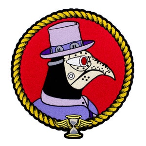 May include: Embroidered patch featuring a stylized plague doctor with a top hat, set against a red background. The design includes a yellow rope border and an hourglass with wings. The doctor's mask is cream-colored with a red eye.