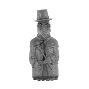 May include: A gray plastic figurine of a bird-like creature wearing a top hat, goggles, and a long coat. The creature is holding a staff in its right hand.