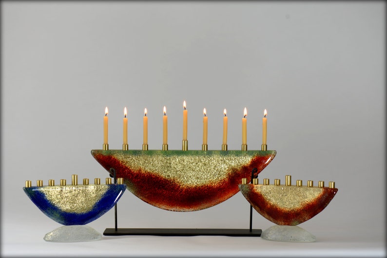 Menorah Hanukkah 9 branches candleholder. Sand casted glass Etsy