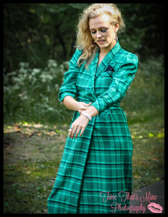 Size 5 Vintage Long Sleeve Wrap Dress Green Plaid - image 1