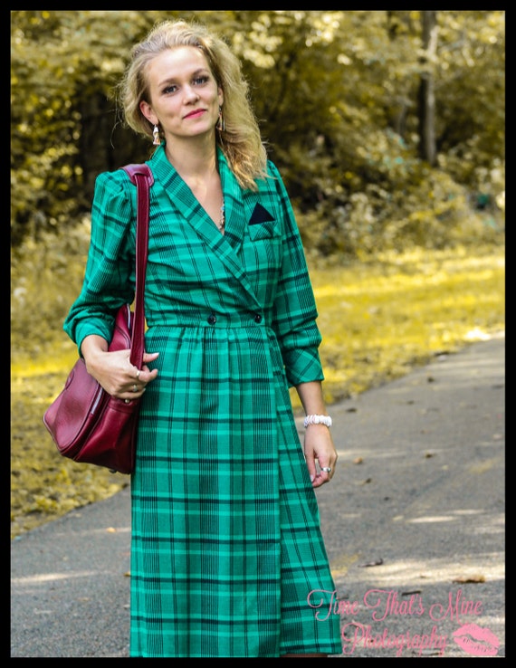 Size 5 Vintage Long Sleeve Wrap Dress Green Plaid - image 2