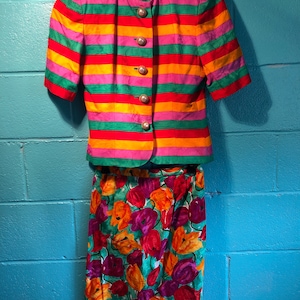 Size 8 stripe and floral skirt suit with faux pearl buttons by Rickie Freeman for Teri Jon