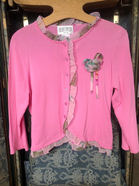 90’s Bubblegum pink 3/4 sleeve cardigan with flor… - image 1