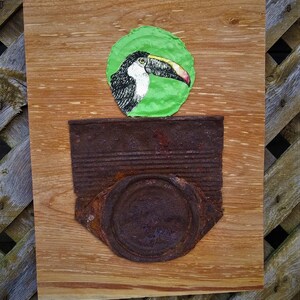 Tin Can Toucan, Pop art, collage, wood art,