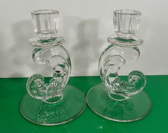 Fostoria Crystal PLUME Clear #2594 Single Light Candlestick PAIR USA Retired