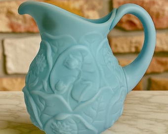 Fenton WATER LILY Pitcher Blue Satin Glass 8464 Embossed Pattern
