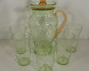 Weston Louie Glass WATERMELON Jug Pitcher Set + 5 Iced Tea Tumbler Diamond Optic