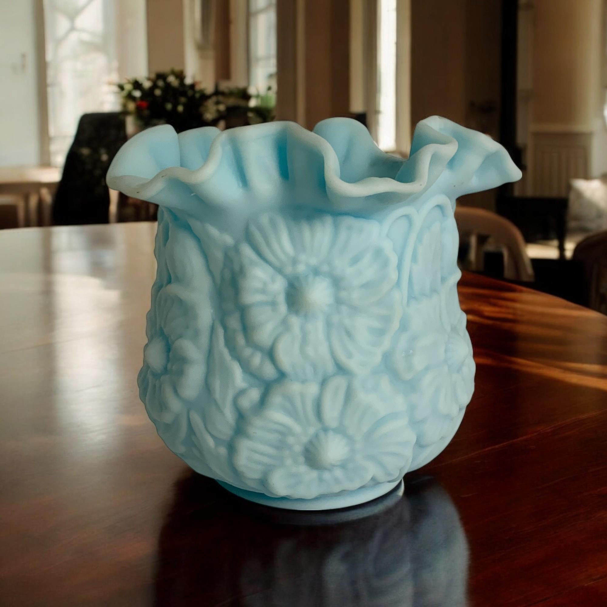 Fenton POPPY Blue Satin Glass Vase Ruffled Top Rim Large