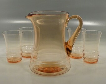 1920s Dunbar Flint Glass Co. 5026 Pink Water Pitcher Set w/ 4 Tumblers Rib Base