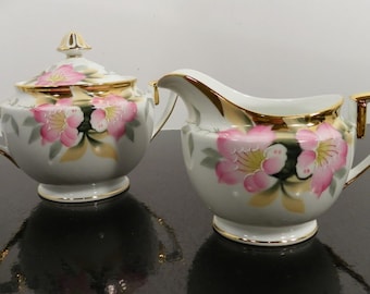 Nippon Noritake AZALEA Creamer and Sugar Bowl Gold Finial Japan 19322