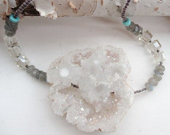 Gorgeous Sparkly Geode surrounded by moonstones, turquoise, crystals, tiny seed beads and sterling silver
