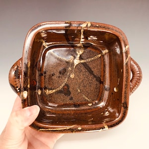 Small Brown Square Ceramic Baker with Splash Decoration, House Warming Gift, Wedding Present