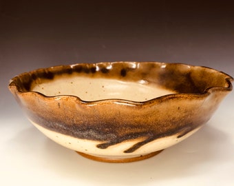 Pottery Serving Bowl Tan with Brown Wavy Rim Handmade Ceramic Gift