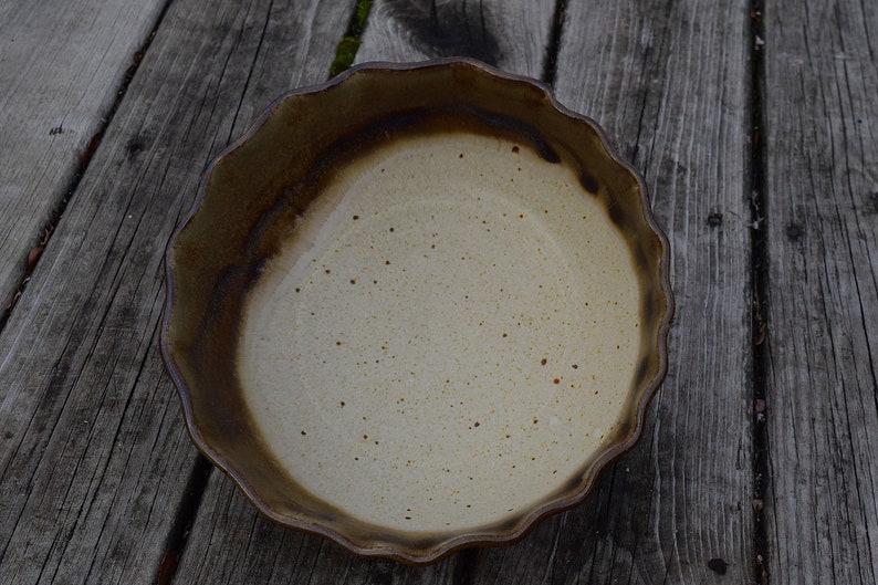 Pottery Serving Bowl Tan with Brown Wavy Rim Handmade Ceramic Gift