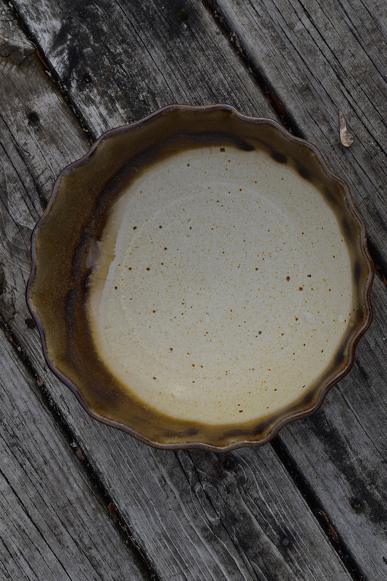 Pottery Serving Bowl Tan with Brown Wavy Rim Handmade Ceramic Gift