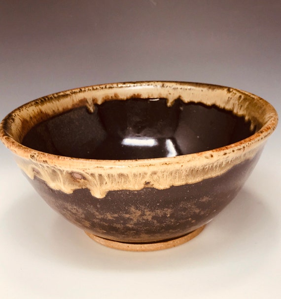 Pottery Serving Bowl Tan with Brown Wavy Rim Handmade Ceramic Gift