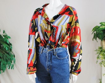 100% Silk Abstract Print Blouse | Vintage 90s Unisex Button Down